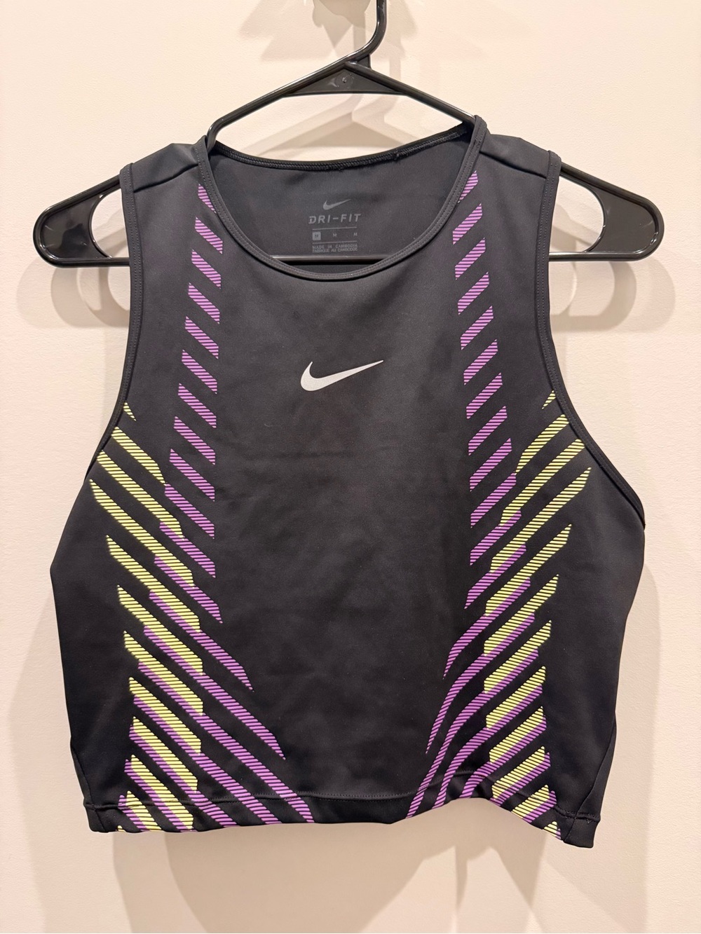 Nike Black Dri-FIT Crop Tank with Purple & Lime Stripes